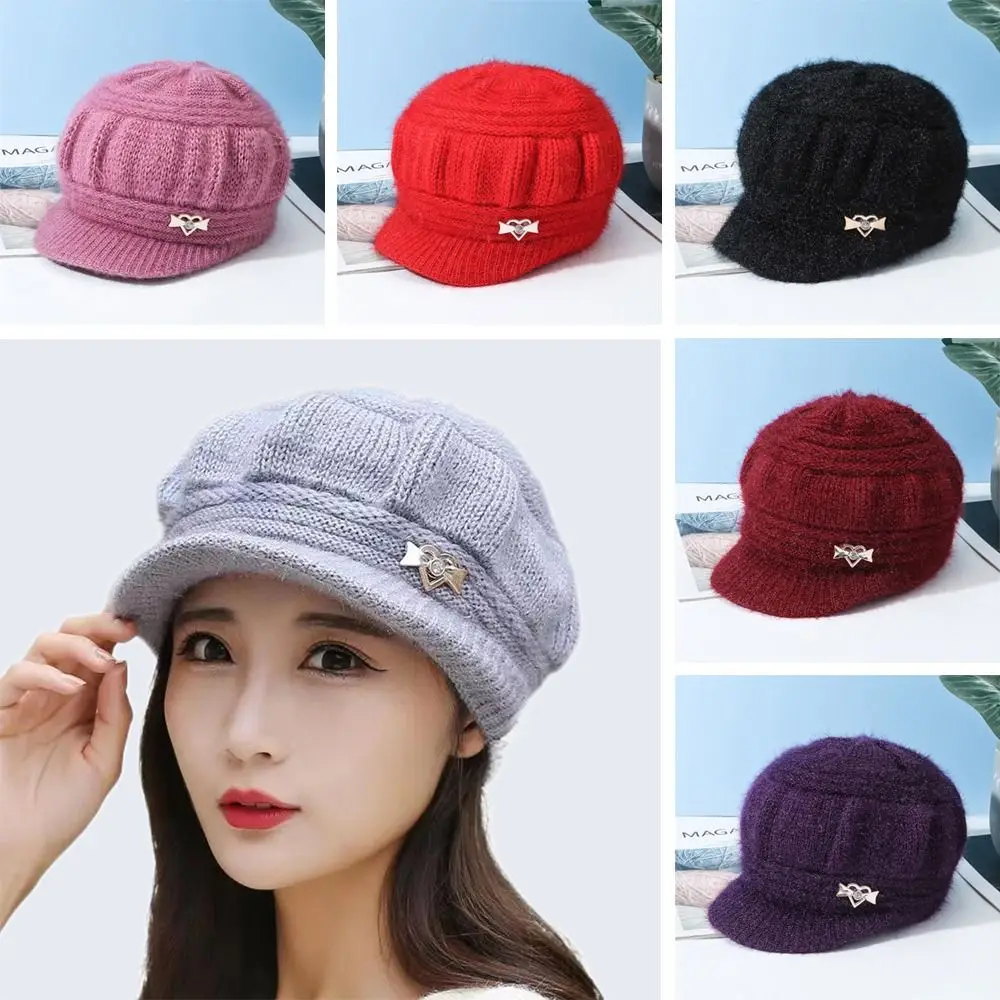 Women's Fashion Knitted Wool Hat Solid Color Windproof Plush Cap Winter Headwear Middle Aged