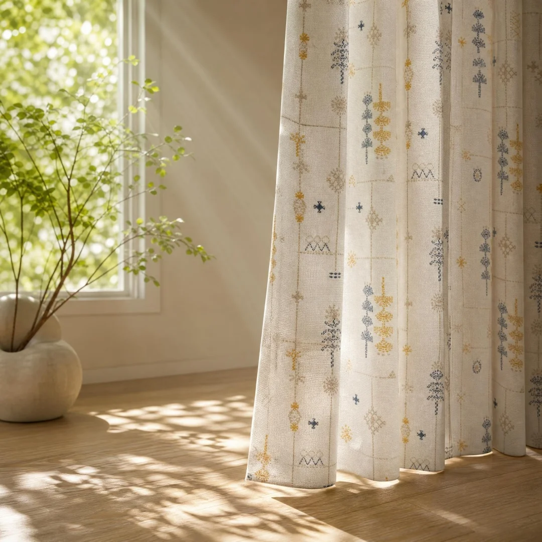 Boho Embroidery Tree Linen Curtains, Retro Geometric Print Window Drapes, Light Filtering Curtain for Farmhouse Home Decoration