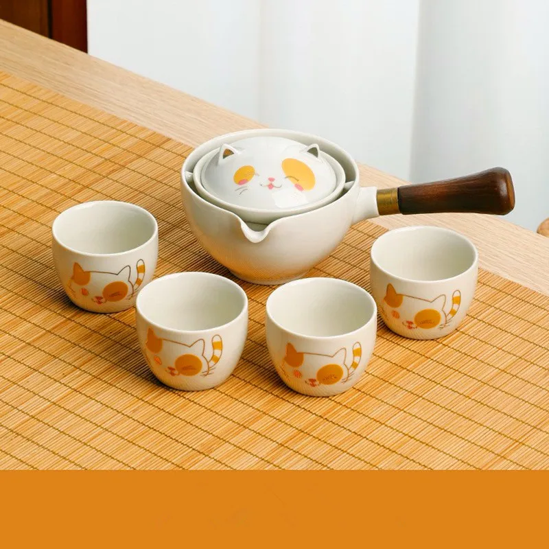 Rotate Tea Set Gongfu Tea Set Lucky Cat Portable Teapot Set Tea Maker Infuser Portable Travel Tea Cup Set Of 6 Tea Set Porcelain