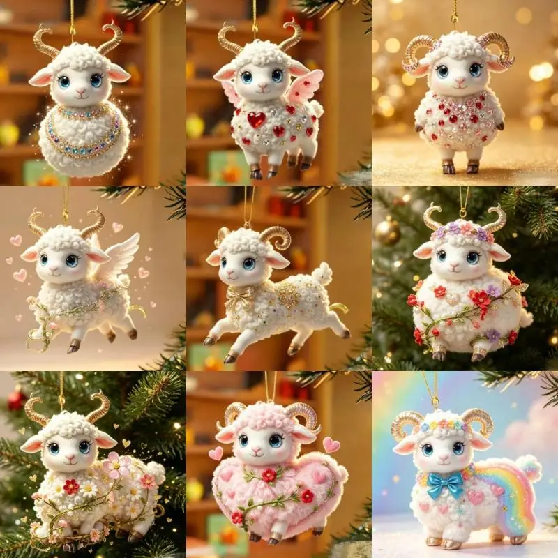 Xmas Tree Hanging Goat Ornament 2D Flat Rhinestone Decorated Acrylic Pendant for Home Party Holiday Decor