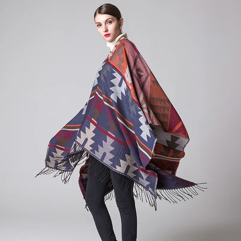 Autumn Winter Indian Geometric Diamond Lengthened Thickened Cashmere Imitation National Style Travel Fork Cape Ponchos Capes