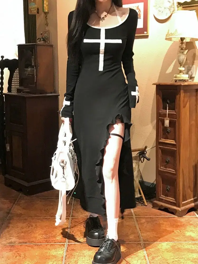 

Black Cross Print Long Sleeve Dress Women Sexy Ruffled Split Hem Stylish Casual Dress Fashion Gothic Trendy Dress 2025 New