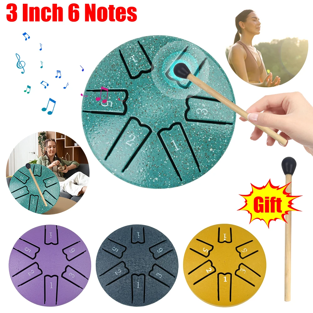 3 Inches 6 Tones Steel Tongue Drum Outdoors Rain Drum Instrument Mini Hand Drum Ethereal Drum Sticks Percussion Drum Accessories