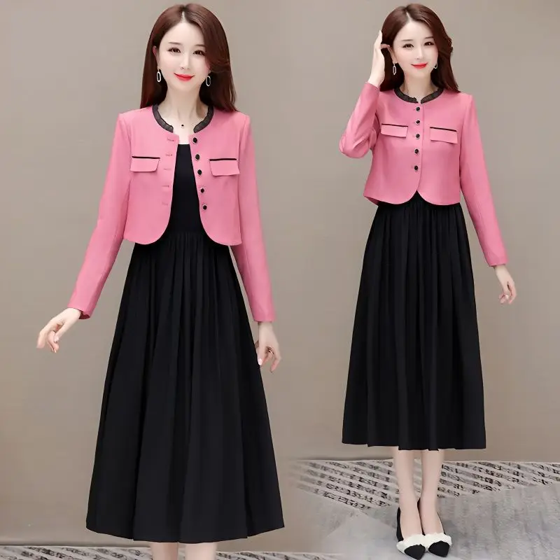 

2023 Fashion Women's Spring Autumn Two-piece Sets Female Short Stand Collar Jackets + Long Loose A-line Dress Ladies Suits O444