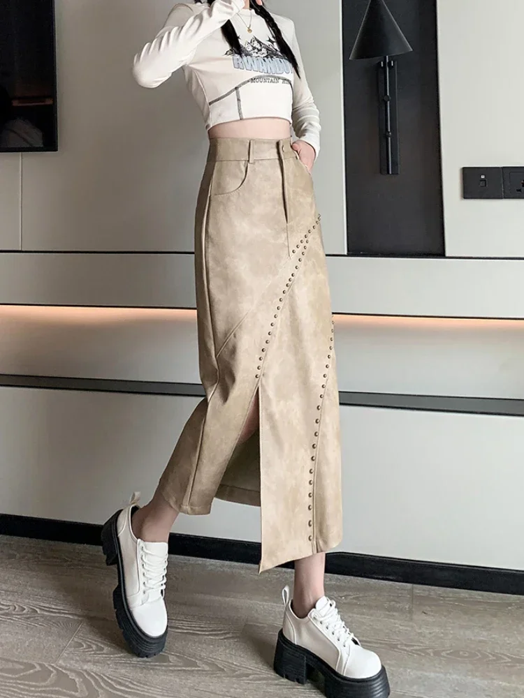 PU Leather Skirts High Waist Heavy Rivet Forked Solid Color Female Slim Skirt Y2k Harajuku Vintage Women Clothing Spring Autumn