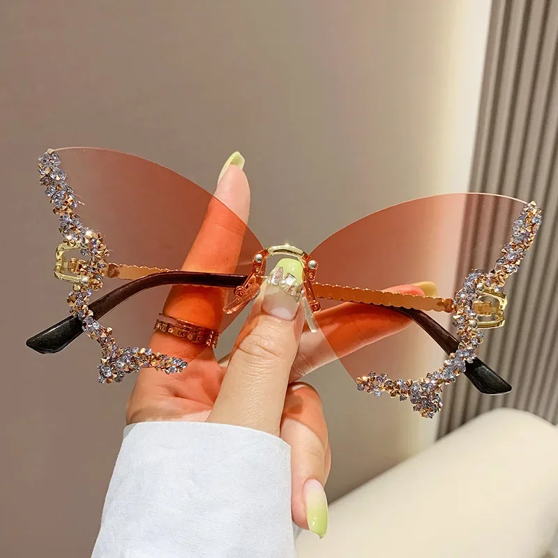 Bling Diamond Fashion Butterfly Sunglasses for Women Overszied Luxury Brand Rimless Sun Glasses Ladies Y2k Eyewear Gafas De Sol image 5