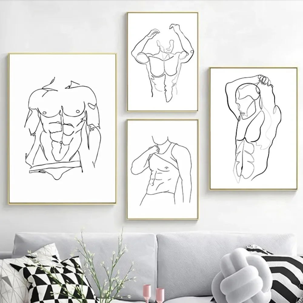 Póster abstracto de lienzo para el cuerpo de los hombres, pintura de línea masculina, figura desnuda, carteles artísticos de pared, decoración minimalista para el hogar y el dormitorio Gay