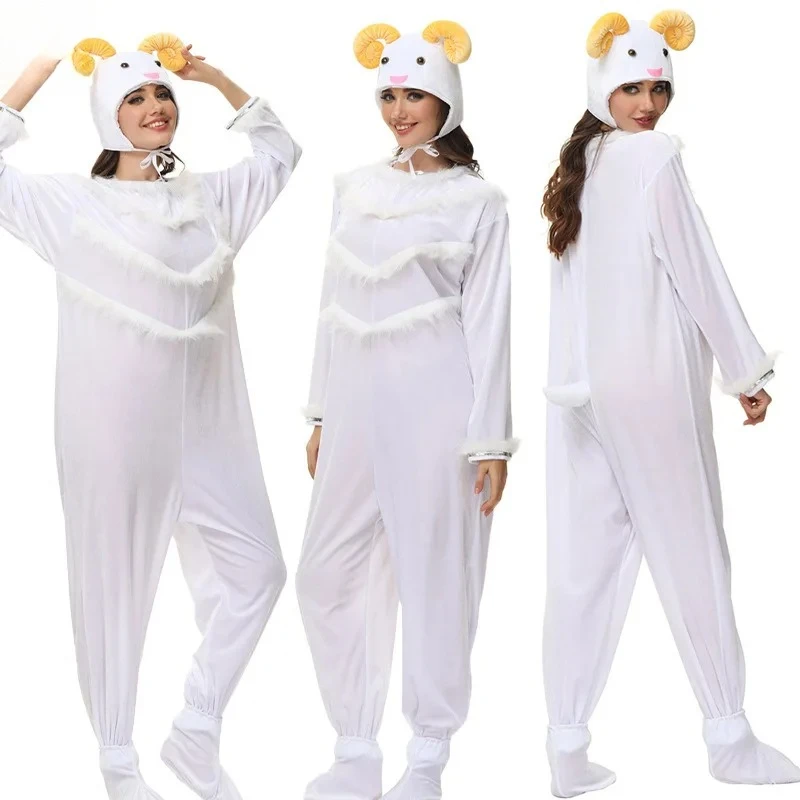 

Women's White Lamb Plush Onesie Costume - Full-Body Outfit with Lamb Horn Headpiece, Fluffy Trim Accents & Tail Detail