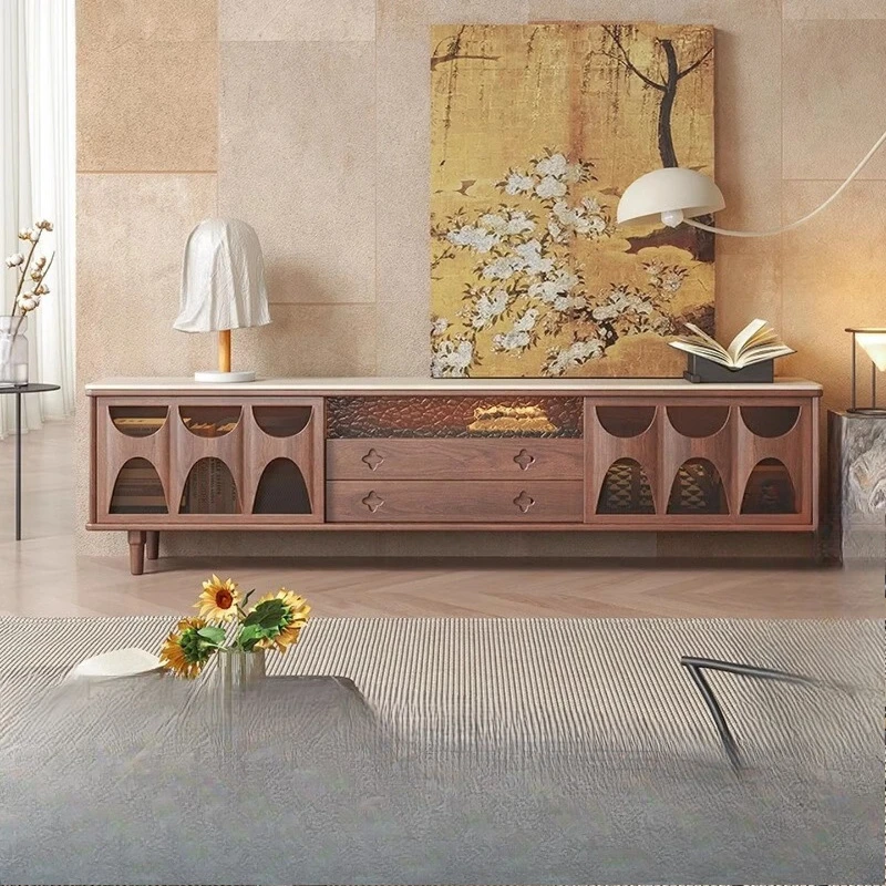 

TV cabinet, North American black walnut solid wood, living room floor-to-ceiling travertine rock slab small apartment locker