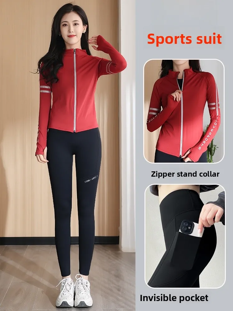 

Высококачественный спортивный костюм из кожи, женский весенне-осенний тонкий длинный свеч, одежда для йоги, повседневная спортивная одежда для бега...