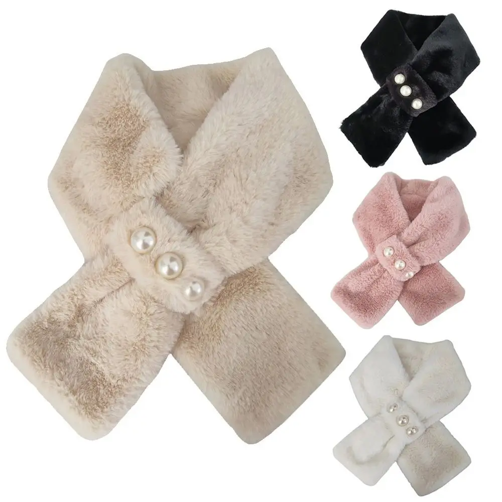 

Cute Solid Color Plush Cross Scarf Imitation Pearl Comfortable Neck Scarf Winter Warmer Plush Collar Outdoor