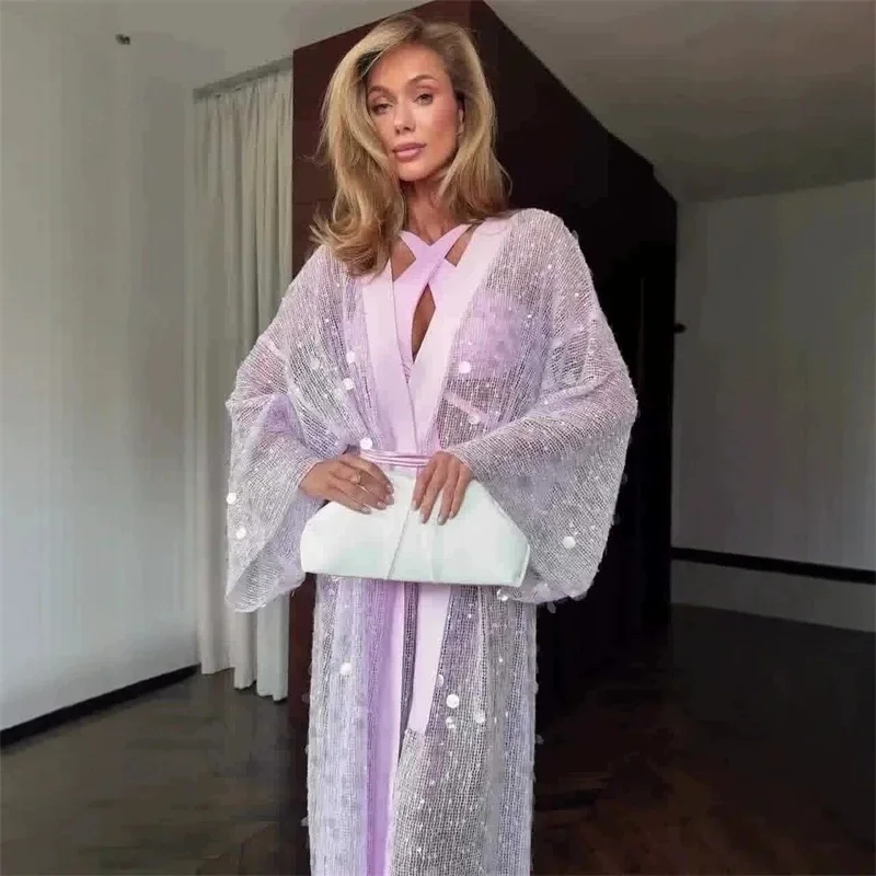 

Sequined Hollow Out Long Dress Women Sexy V-neck Full Sleeve Mesh Patchwork Lace Up Party Evening Dresses New Cardigan Beachwear