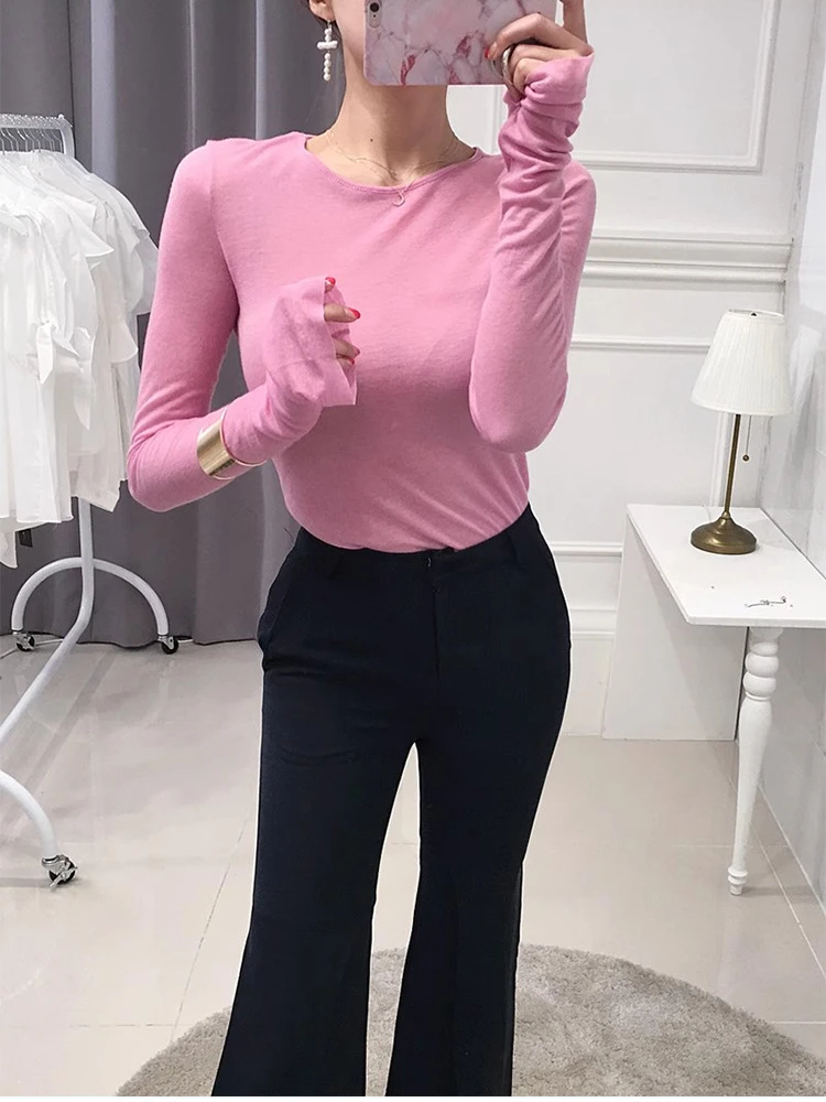 

Однотонные футболки женские весенние с длинным рукавом универсальные офисные женские футболки в корейском стиле прозрачные тонкие дышащие тонкие модные простые уютные повседневные