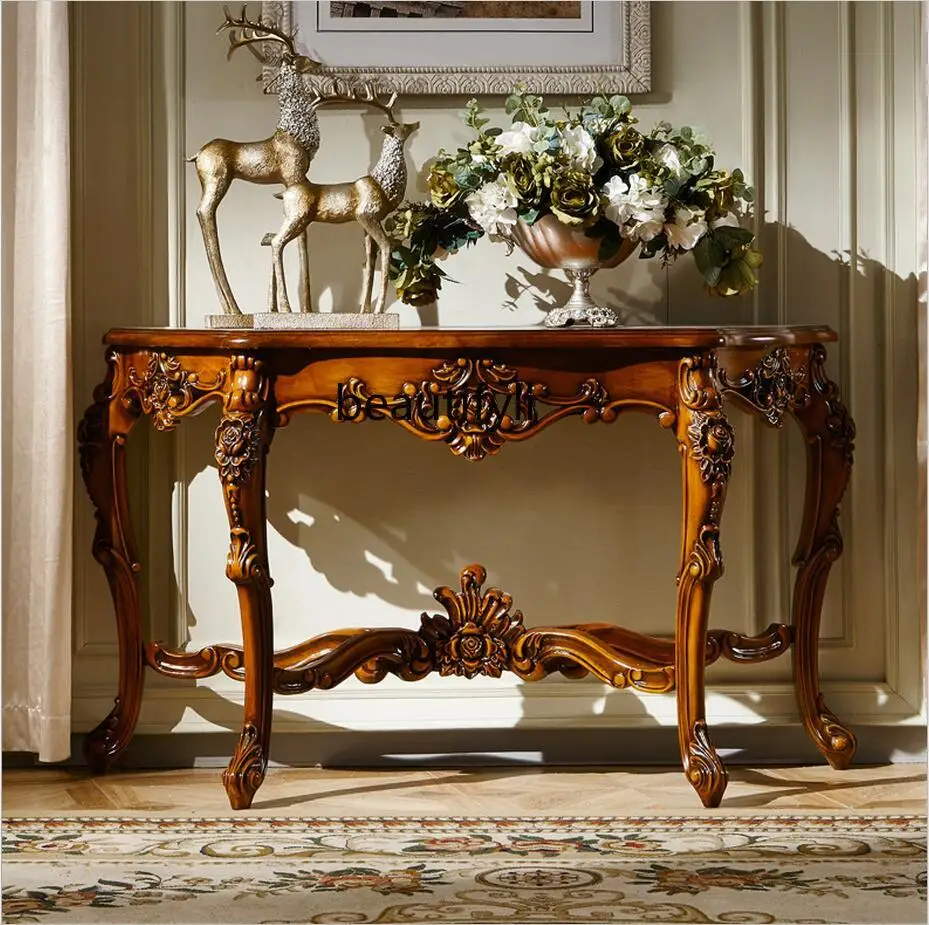

European-Style Console Solid Wood Carved Console Tables American-Style Hall Cabinet Living Room 1.6 M Large Decoration Table