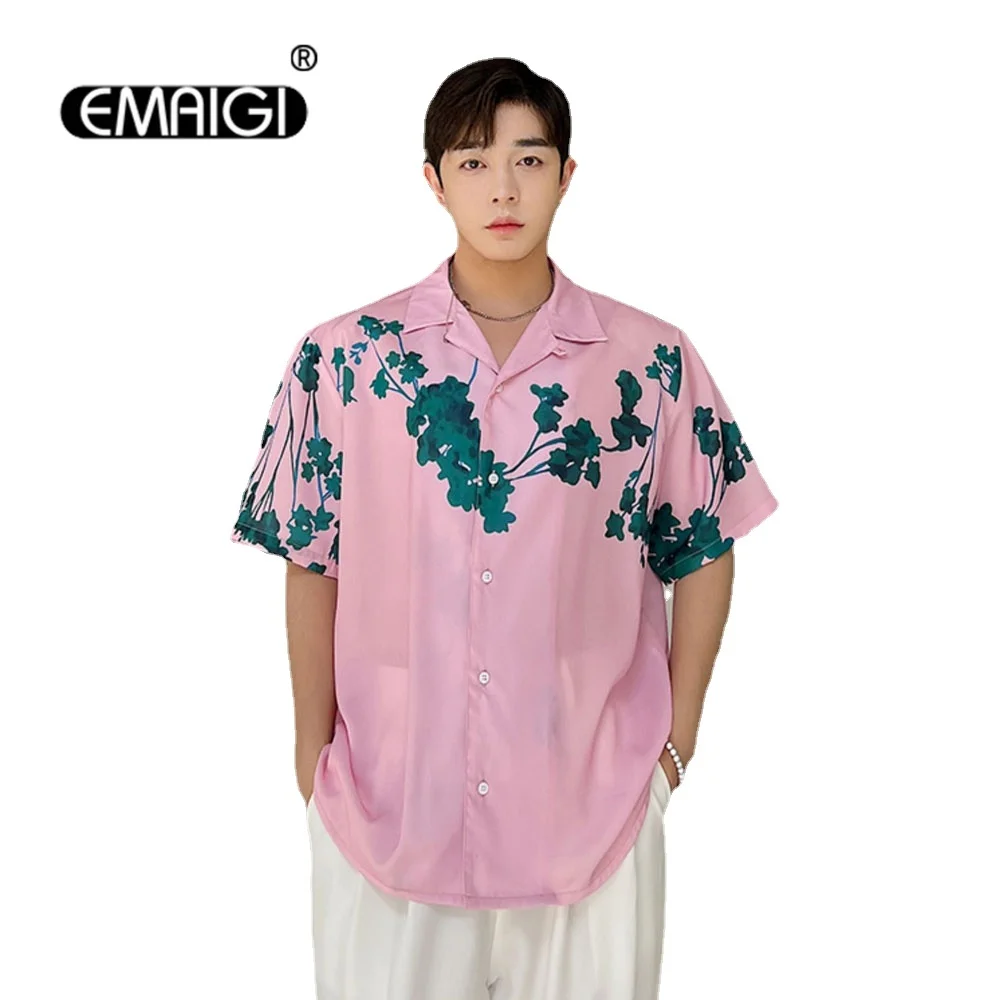 

Summer Men Shirt Short Sleeve Cuban Collar Vintage Fashion Loose Casual Pink Print Shirts Male Korean Streetwear Shirt