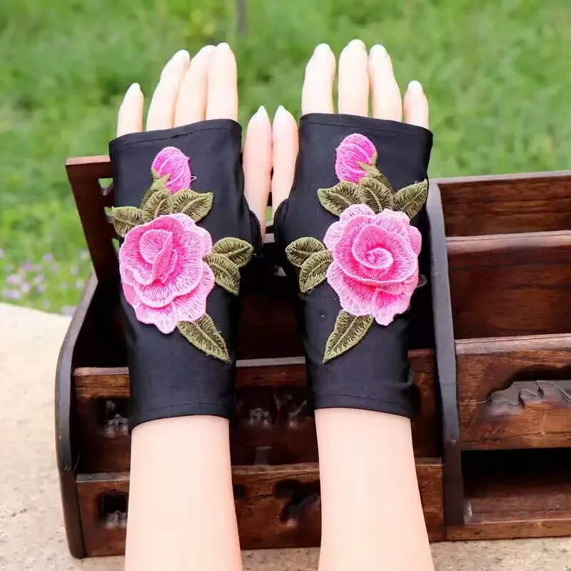 

Summer Uv Protection Fingerless Embroidered Floral Lace Gloves Women Half Finger Flower Thin Driving Gloves Sun Protection