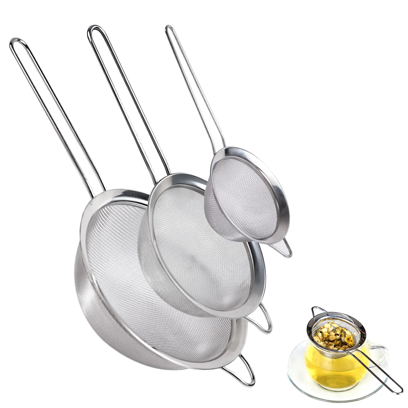 TastyWay 3pcs Stainless Steel Fine Mesh Strainer Flour Sifter For Baking With Handle, Stainless Steel Colander Tea Sifter Kitche