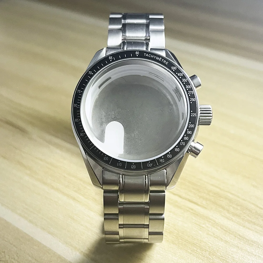 40mm Stainless Steel Silver Case Blue Bezel Watch Replacement Component with Stainless Steel Strap VK63 VK64 Chronograph Quartz
