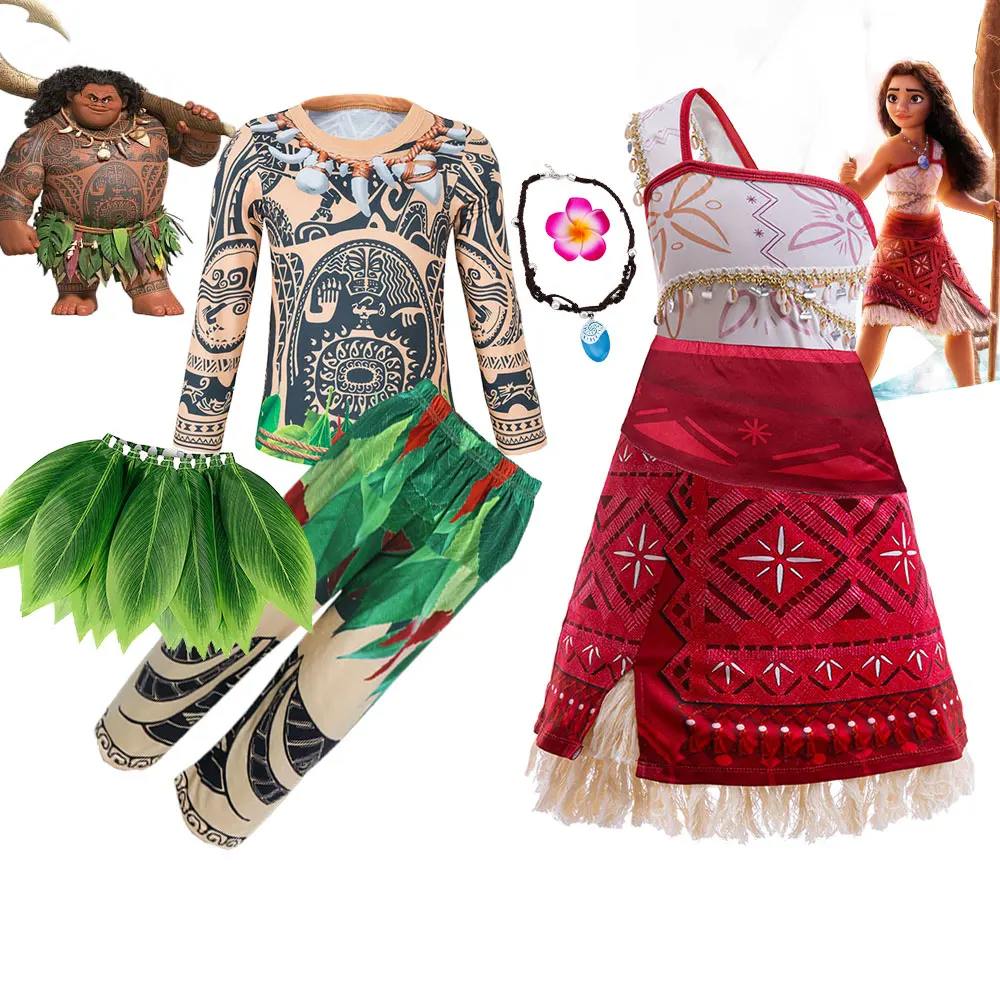 2024 Disney Moana 2 Costume Boy and Girls Ocean Adventure Maui Clothing Set Voyager Vaiana Princess Carmival One Shoulder Dress