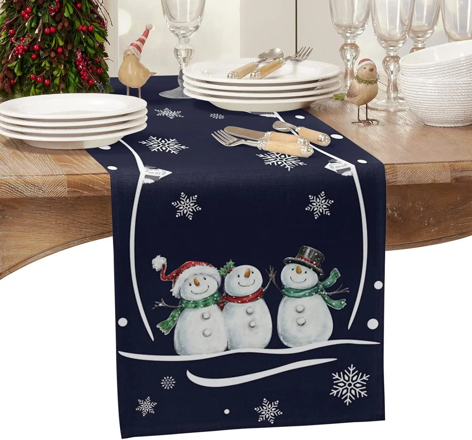 Christmas Snowman Snowflake Linen Table Runners Holiday Party Decor Reusable Kitchen Dining Table Runners Christmas Decoration