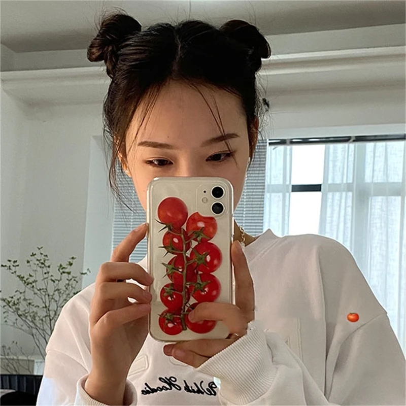 Ins Korean Red Tomato Transparent Phone Case For iPhone 15 14 13 12 11 Pro Max X Xr Xs Max 7 8 Plus SE 3 Shockproof Back Cover