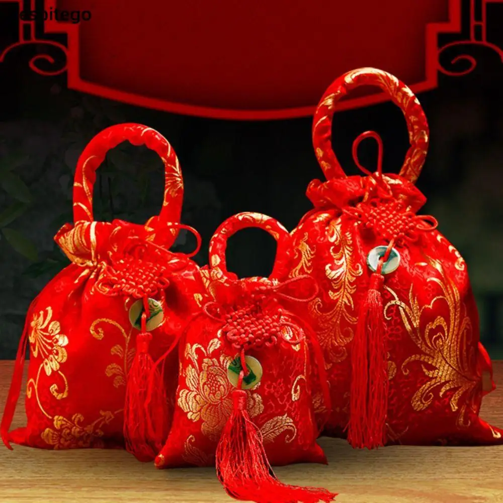 1Pc Canvas Festive Flower Drawstring Bag Chinese Knot Tassel Sugar Bag Wedding Large Capacity Handbag