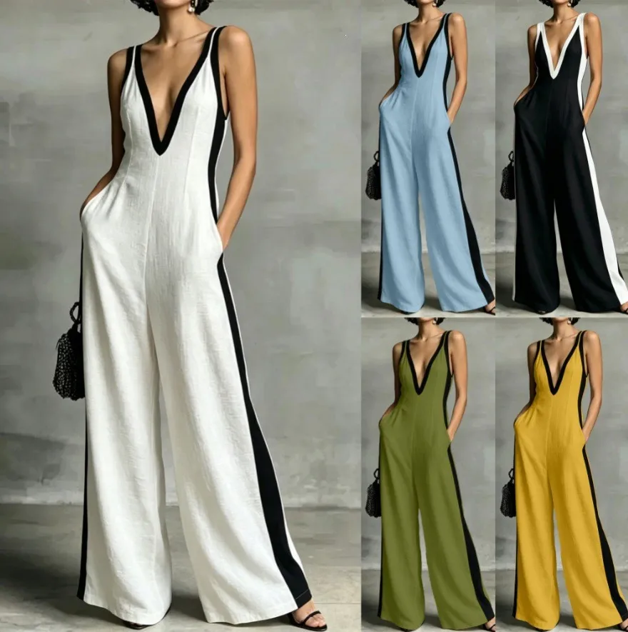 Women's Jumpsuit V Neck Sleeveless Contrast Trim Romper High Waist Wide Leg Linen Look Overalls Long Pants Front Pocket Solid