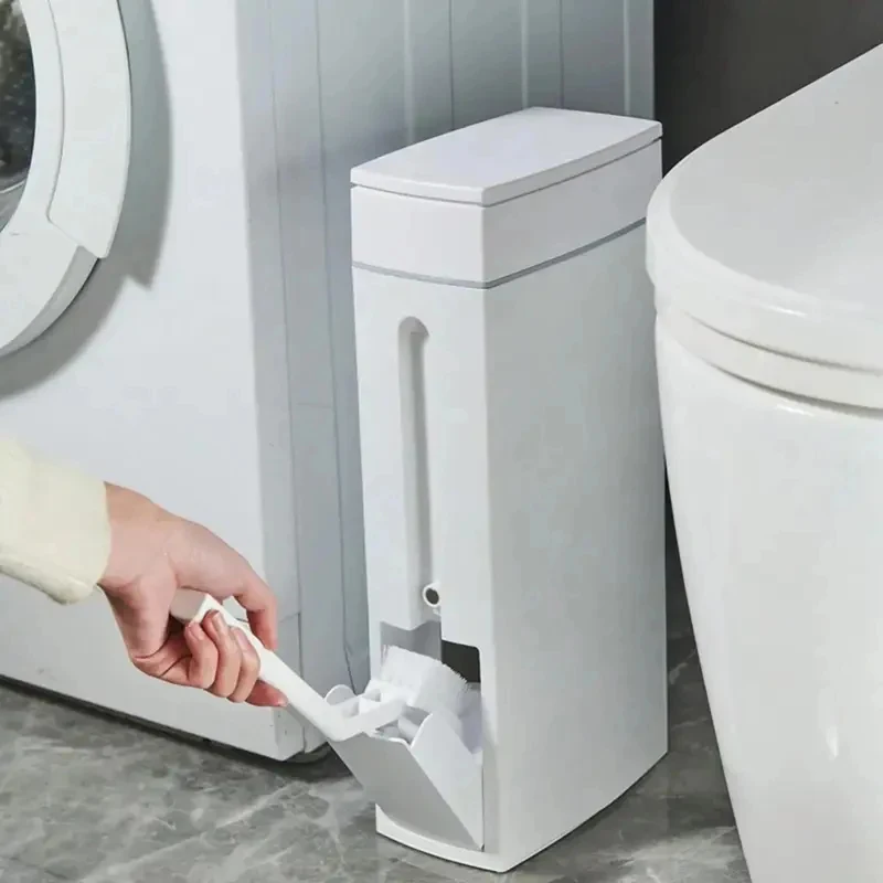 Home Household Bathroom Trash Can with Toilet Brush Combo Narrow Space Saving Garbage Bin with Lid for Small Bathroom Accessorie
