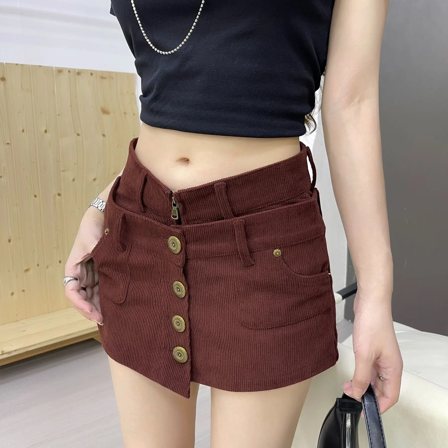 Breasted Spice Girl Low Waist Short Skirt Women's New Hip Wrap Skirt Fake Two Pieces Short