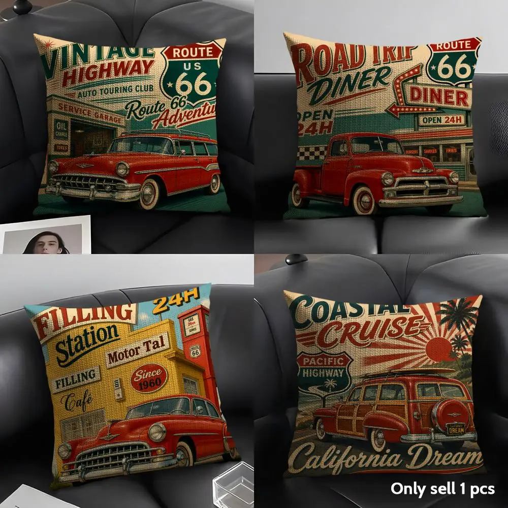 Vintage Route 66 Car Motorcycle Cushion Cover Natural Linen Pillow Case Organic Fabric Double Sided Print Sofa Home Decor Gift