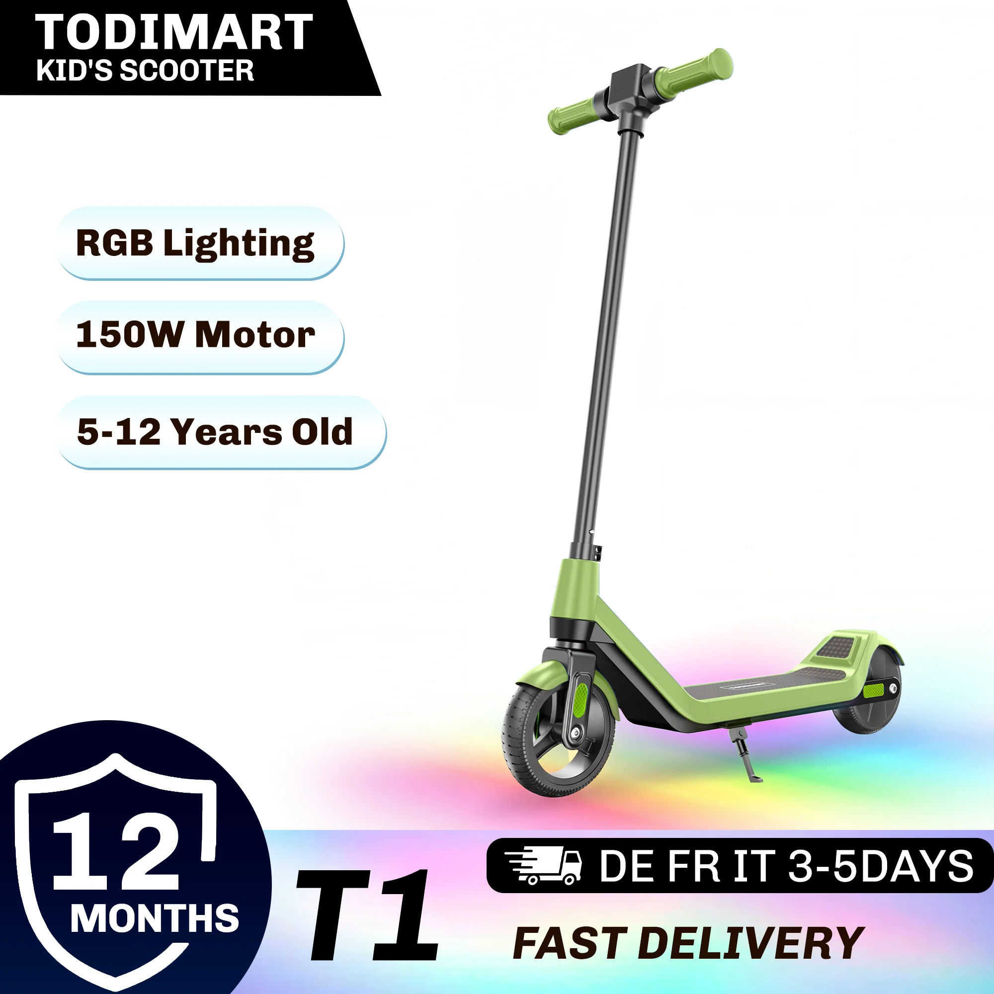 T1 Elektrische Scooter voor Kinderen met LED Display, 24V 2.6AH, 150W, Kleurrijke Verlichting, Tot 16km/u, Lichtgewicht e-Scooter voor Kinderen