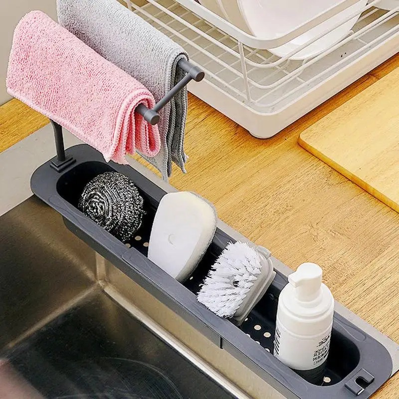 Kitchen Rag Holder Large Capacity Sink Rack Expandable Waterproof Dish Rag Stand Space Saving Towel Organizer Kitchen Accessory