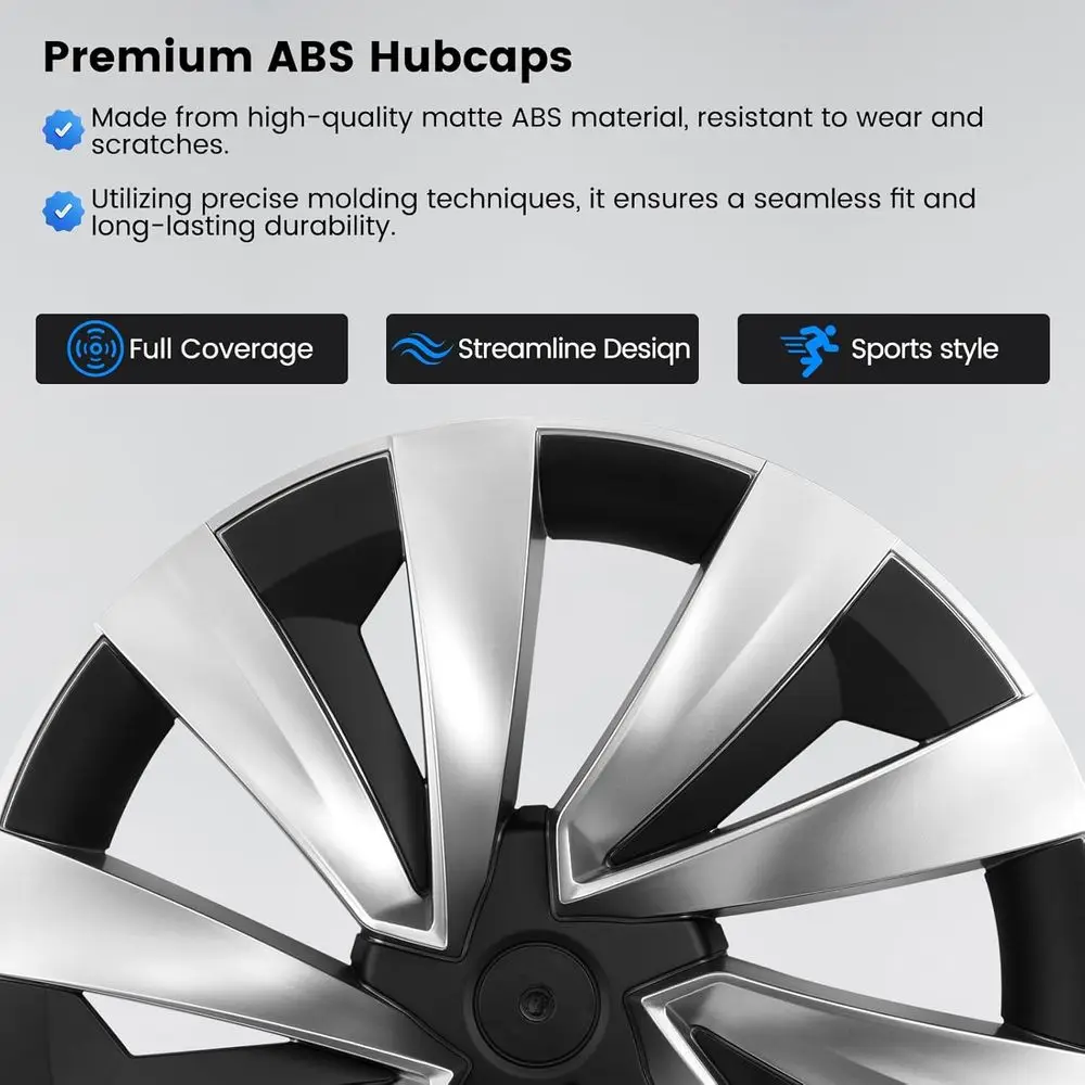 Hubcaps Fit for Tesla Model Y Juniper 2025 2026, 19" Silver + Black Wheel Covers with Center Caps, Cross-Spoke Design Rim Covers