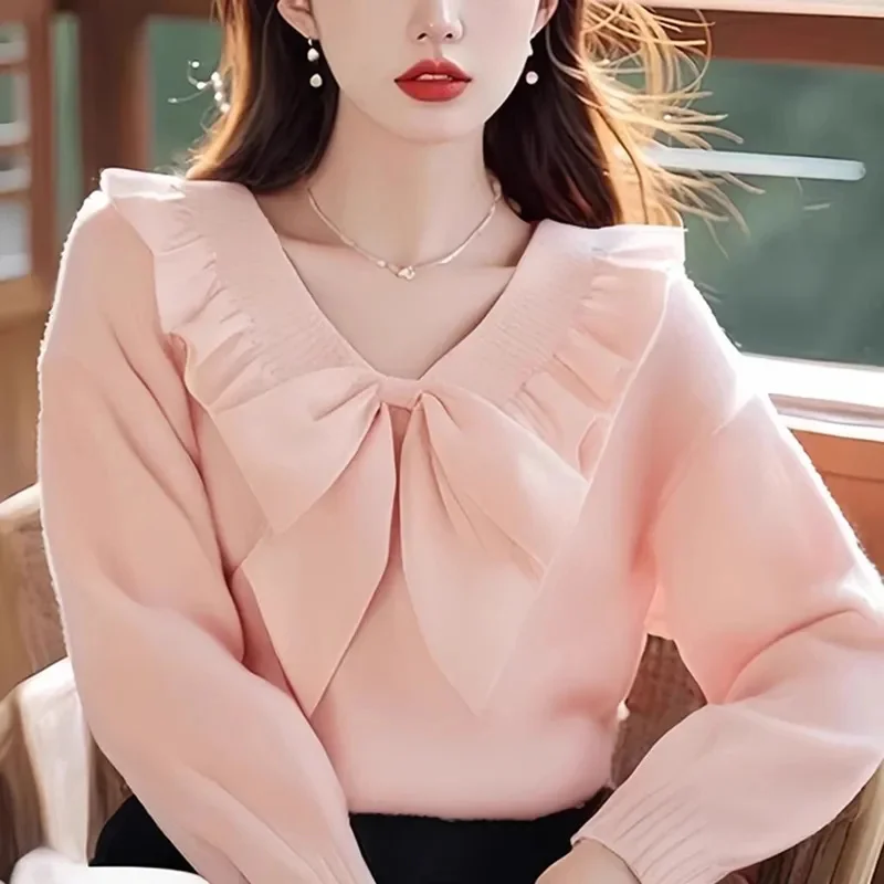 Primavera otoño suéter rosa 2025 nuevo cuello en V ropa suelta de mujer pulóver Top moda Falbala Bowknot blusa de punto femenina