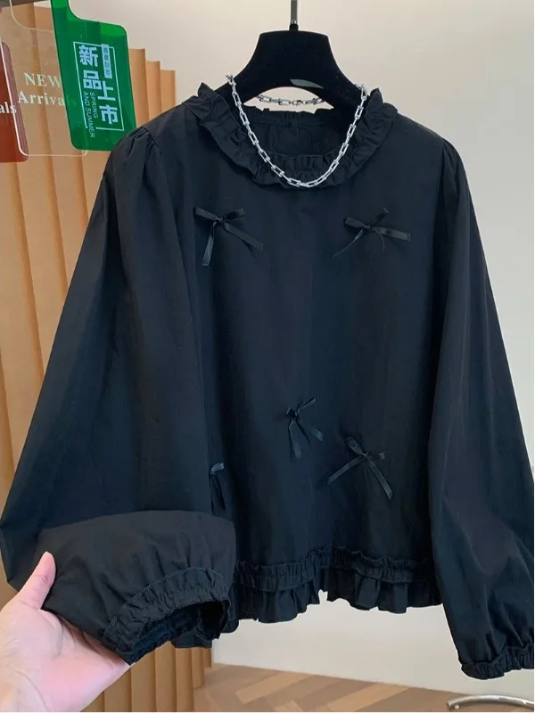 

Корейская модная женская свободная хлопковая блузка с длинным рукавом и декоративными узлами, универсальный трендовый топ