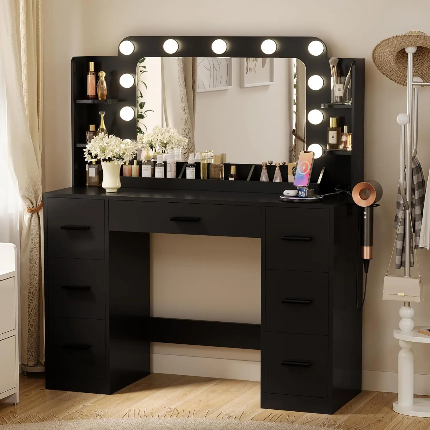 

Hollywood Mirror Vanity with LED Lights, Adjustable Brightness, 2 AC Outlets, USB & Type-C, Black Dressing Table