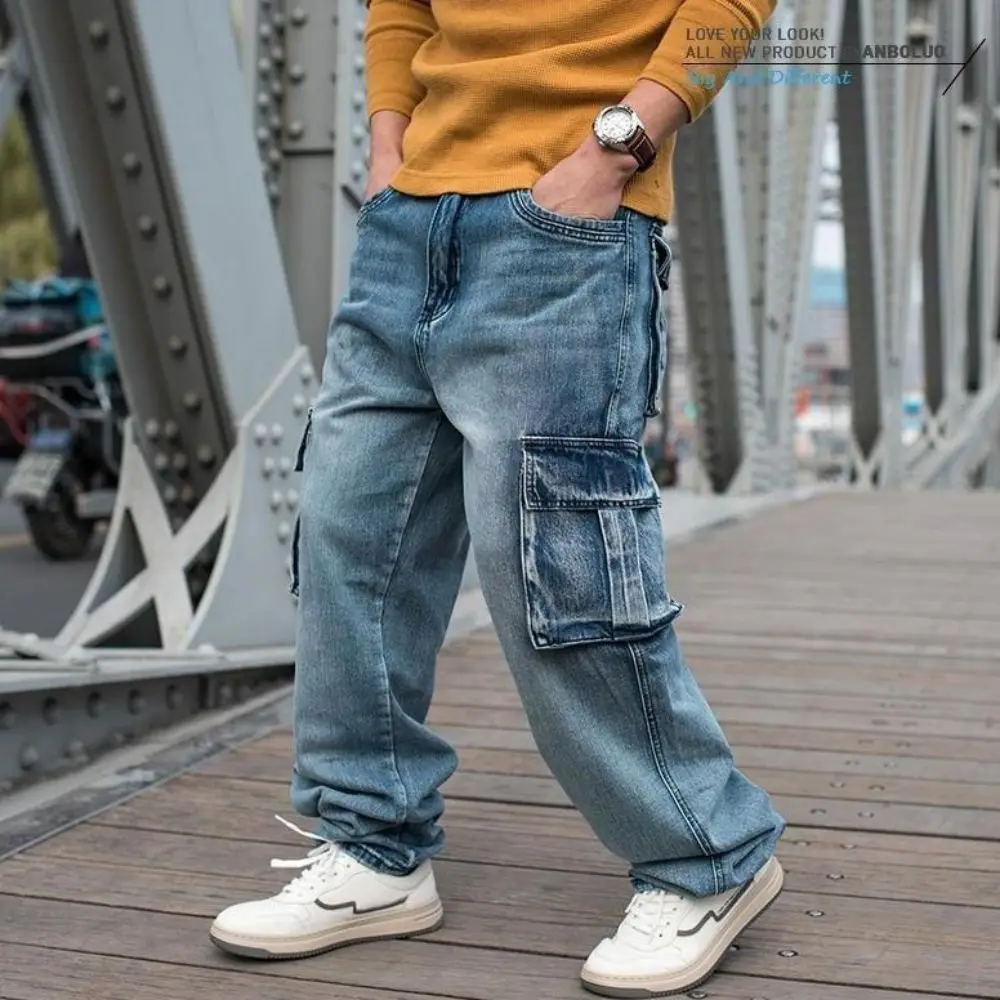 Fashion Cargo Pants Men Casual Jeans Hiphop Trousers Straight Loose Baggy Streetwear Denm Large Size Retro Distressed Pocket