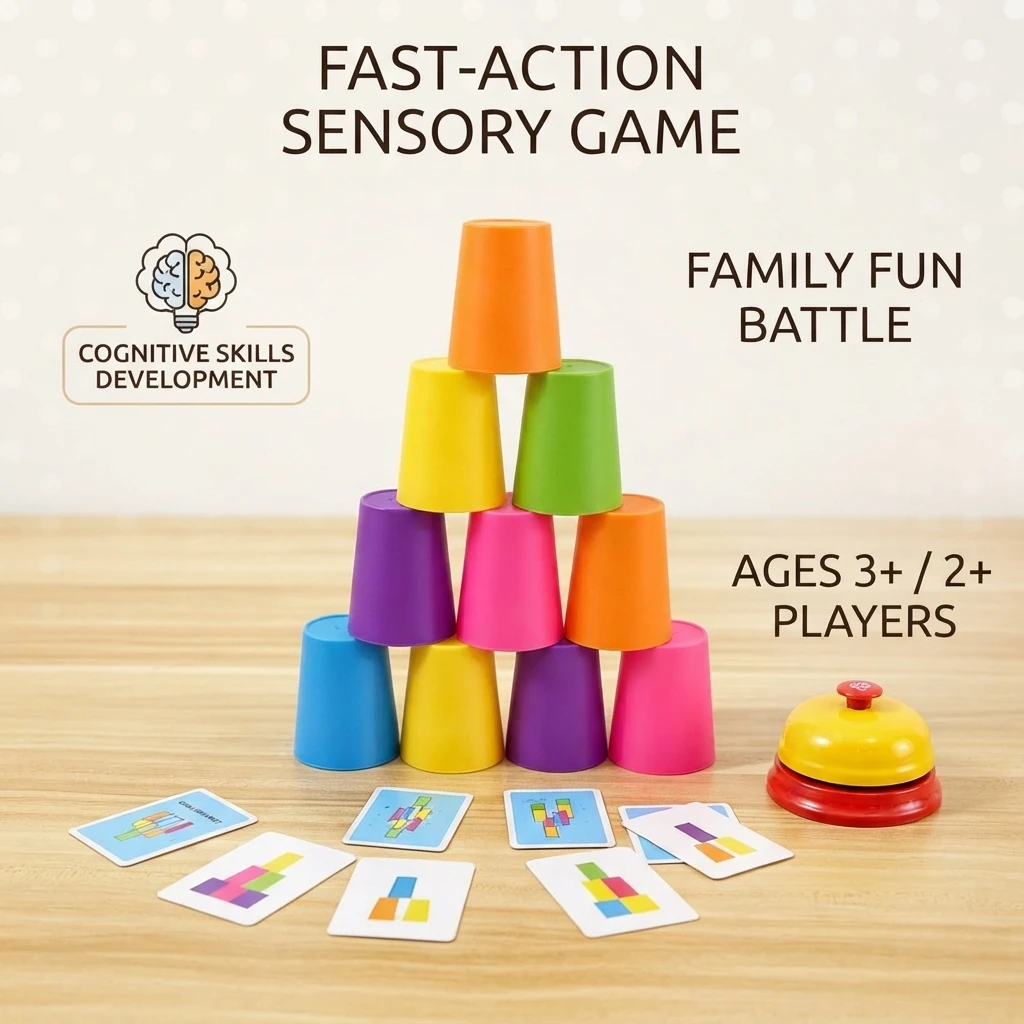 Viral Montessori Speed Stacking Cup Game, Color‑Shape Toy with Cards & Bell, Screen‑Free Multiplayer for Kids 3+