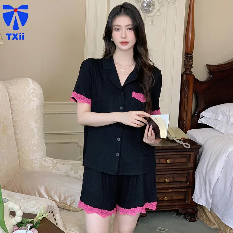 TXii Newlook Pajamas Women's 2024 New Ins Style High-end Cotton Contrast Short Sleeve Shorts Home Clothes suit