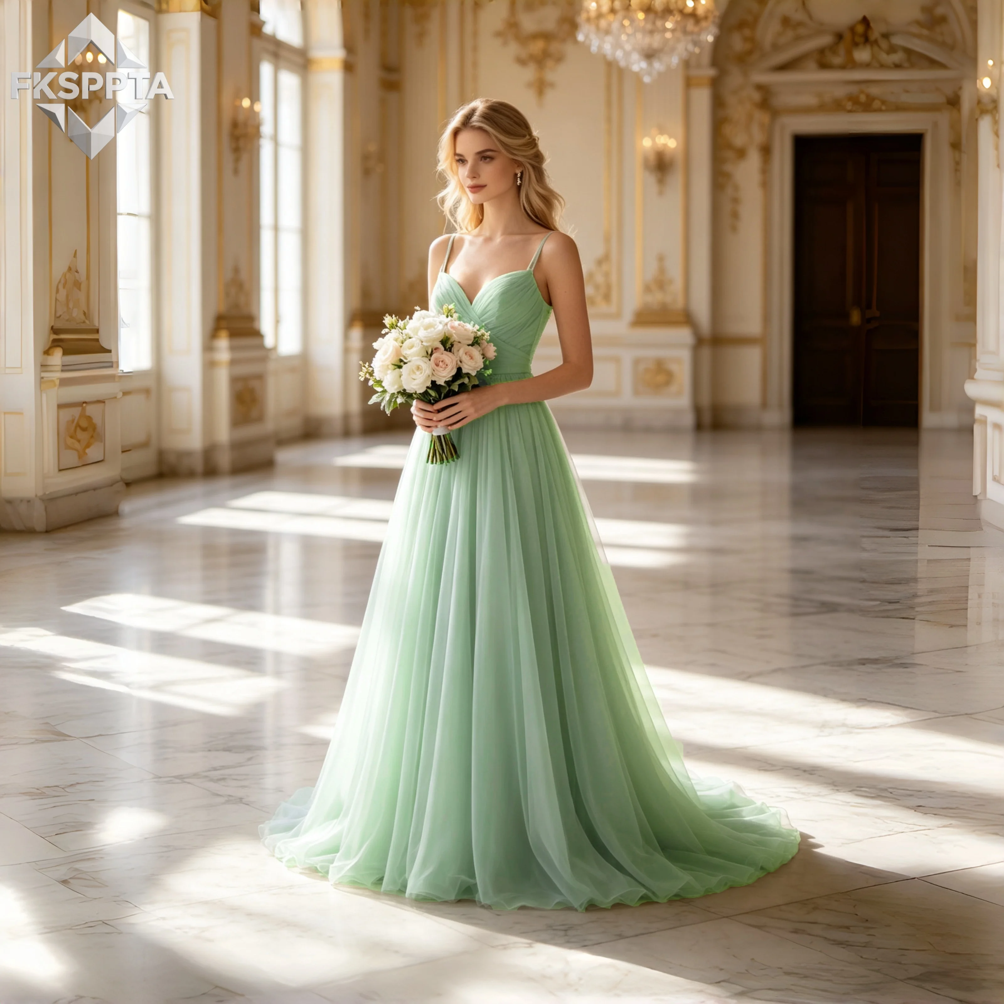 Long Mint Green Tulle Bridesmaid Dresses A Line Spaghetti Straps Lace Up Back Women Formal Gowns For Maids Of Honor Plus Size
