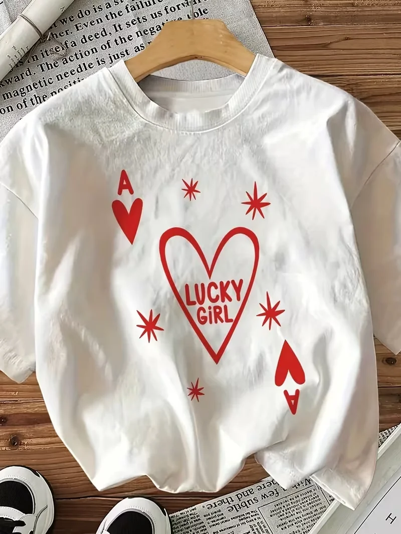 Lucky Girl Ace of Hearts Graphic T-Shirt,Crew Neck Short Sleeve Top for Women, Retro Heart Print Spring Summer Daily Fashion Tee