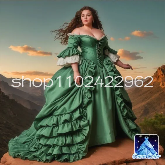 

Off Shoulder Plus Size Victorian Prom Dresses Green Half Sleeve Fairytale Lace-up Corset Ruched Masquerade Evening Gown Costume