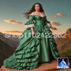 Off Shoulder Plus Size Victorian Prom Dresses Green Half Sleeve Fairytale Lace-up Corset Ruched Masquerade Evening Gown Costume