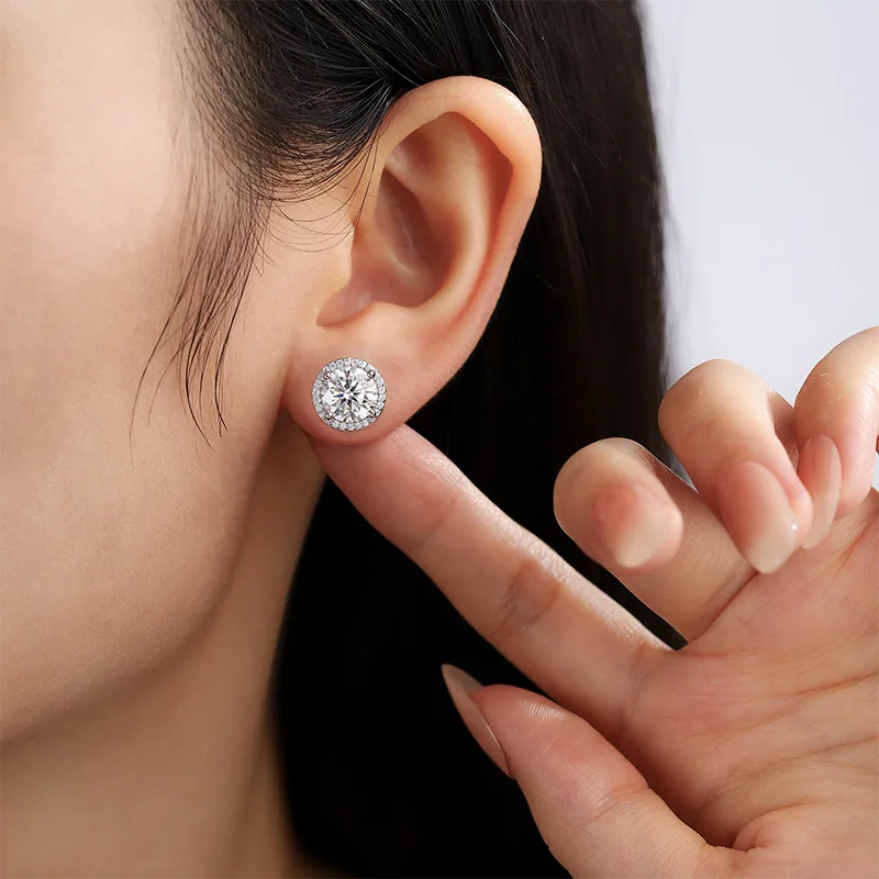 Cross-border hot-selling classic women's full diamond stud earrings round bezel faux moissanite stud earrings women's