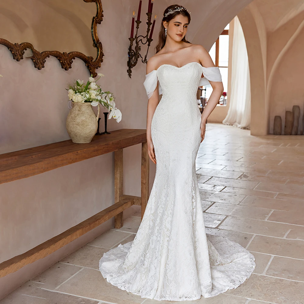 Vestido de novia Stylish Off-the-Shoulder Wedding Dress Mermaid Shape Delicate Lace Customized Elegant Train for Modern Brides