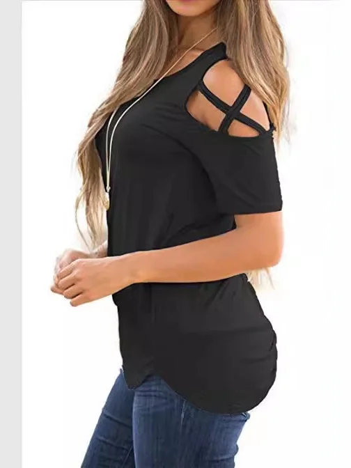 

Повседневная женская футболка с рваными бретелями и узлом, топ с завязками, женская летняя модная трикотажная одежда из Китая