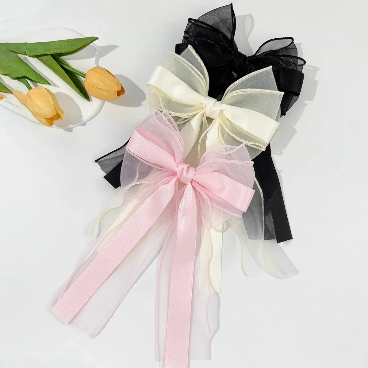 24pcs Long Tassel Organza Bow Hair Clips Double Layer Ribbon Hairgrips Hairpins for Women Girls Bulk Headwear Accessory Bulk