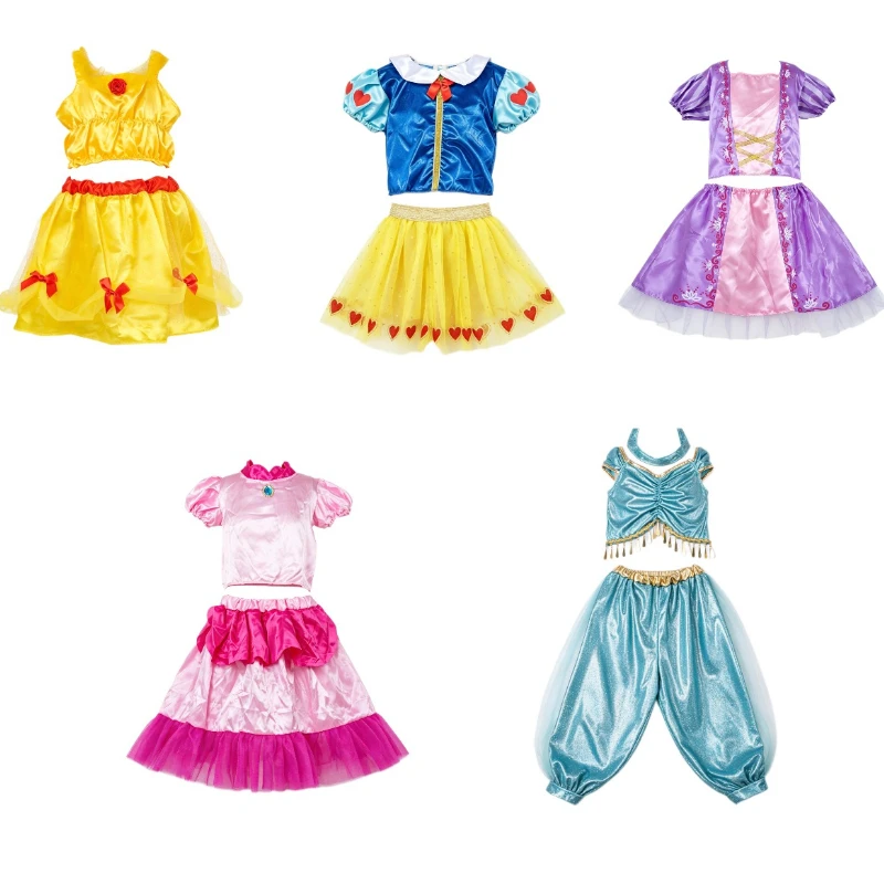 Elegant Fairytale Cosplay Costume, Ornate Printed Satin Top and Decorative Tulle Skirt for Theme Party Holiday Dress‑up Occasion