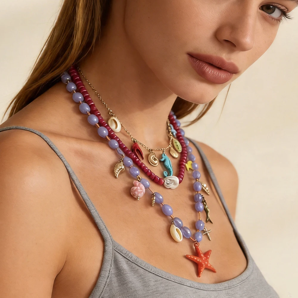 

ZAA Multi-layer Starfish Charm Necklaces for Women Colorful Beaded Shell Pendant Necklace Summer Beach Vacation Jewelry Gifts