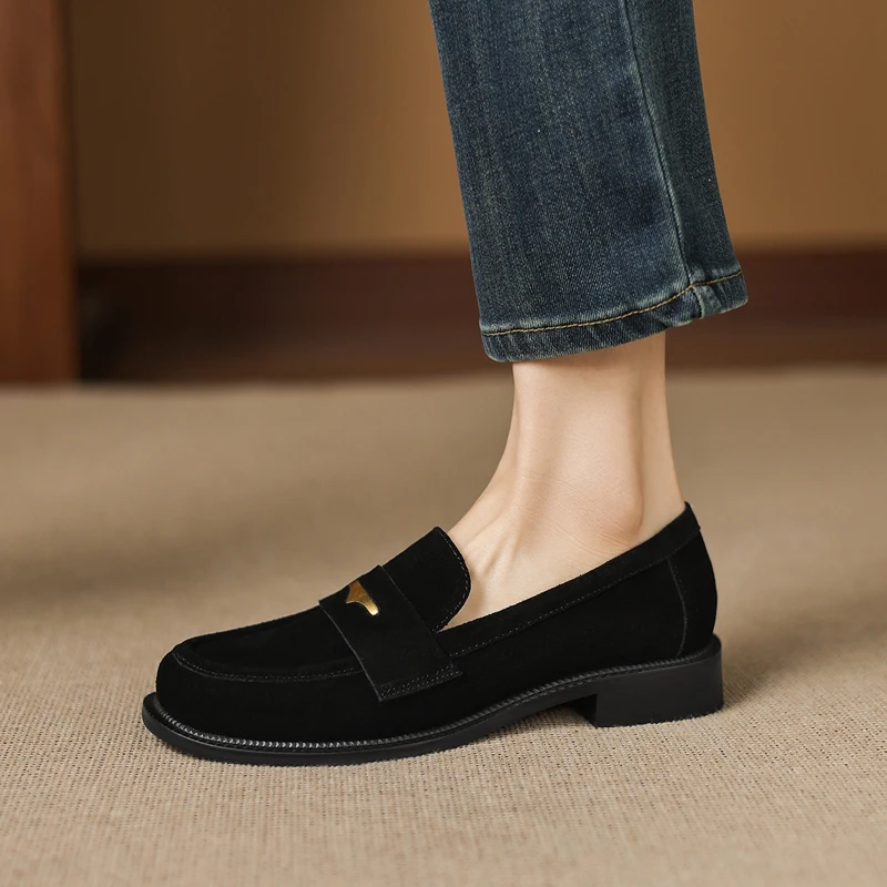 

Women's new leather cow suede round toe thick heel metal accessories mid heel plus size loafers casual single shoes